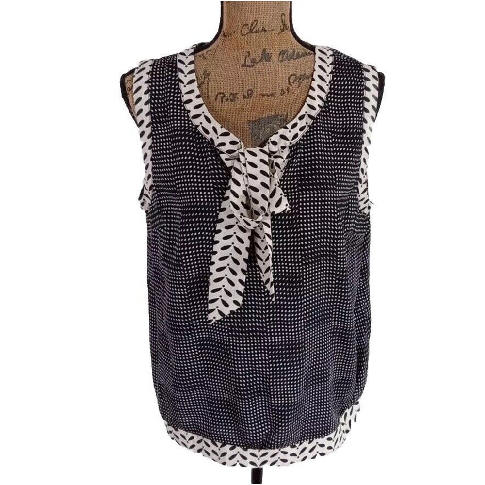 NY Collection Top LARGE Black Beige Dot Bow Tie Blouse Business Casual
